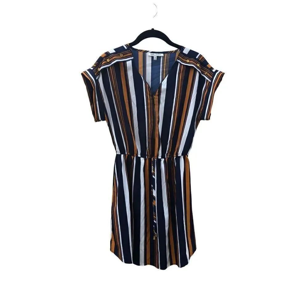 Speed Control Women's Yellow Blue Striped Short Sleeve Tie Waist Shift Dress Siz
